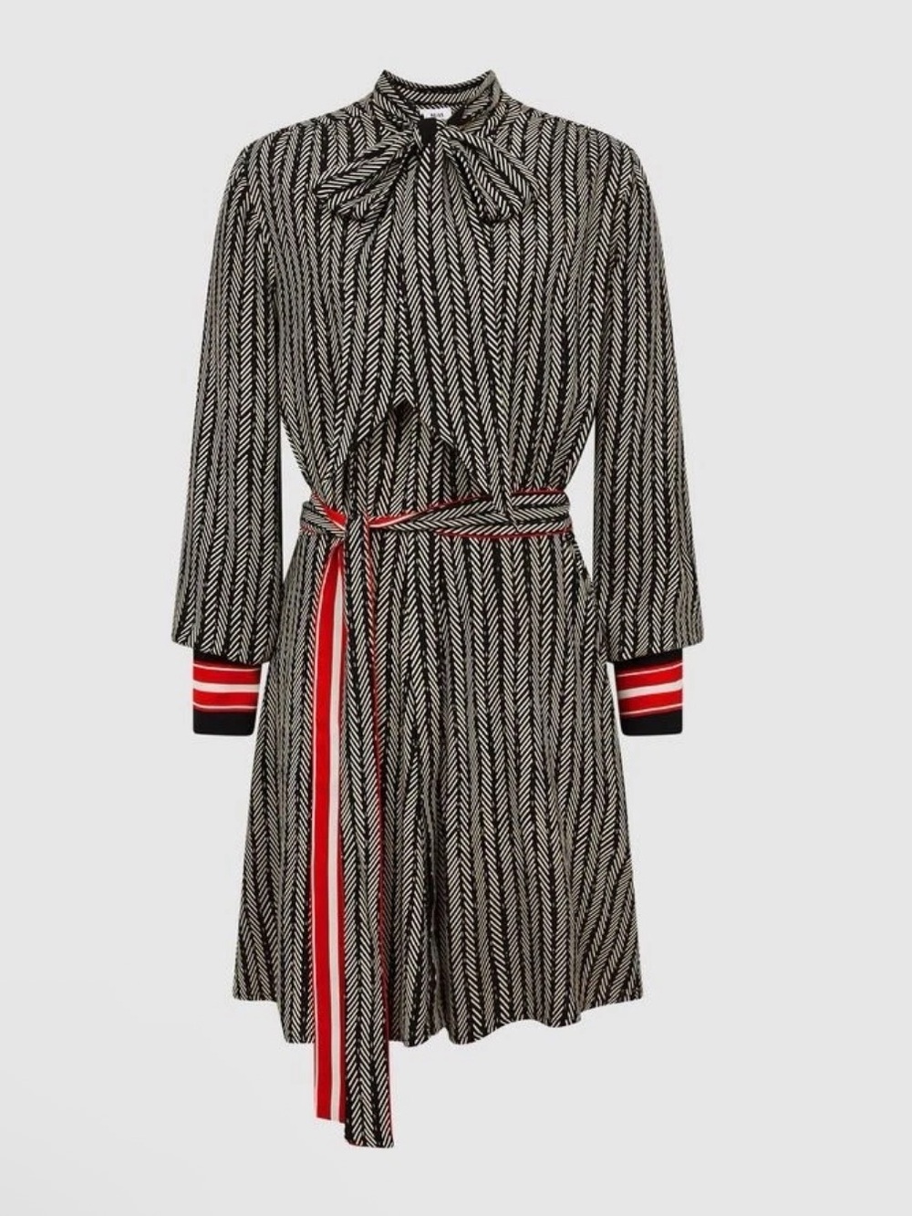 Reiss Robyn Contrasting Stripe Cuff Printed Mini Dress Red Black pussybow - Picture 3 of 8